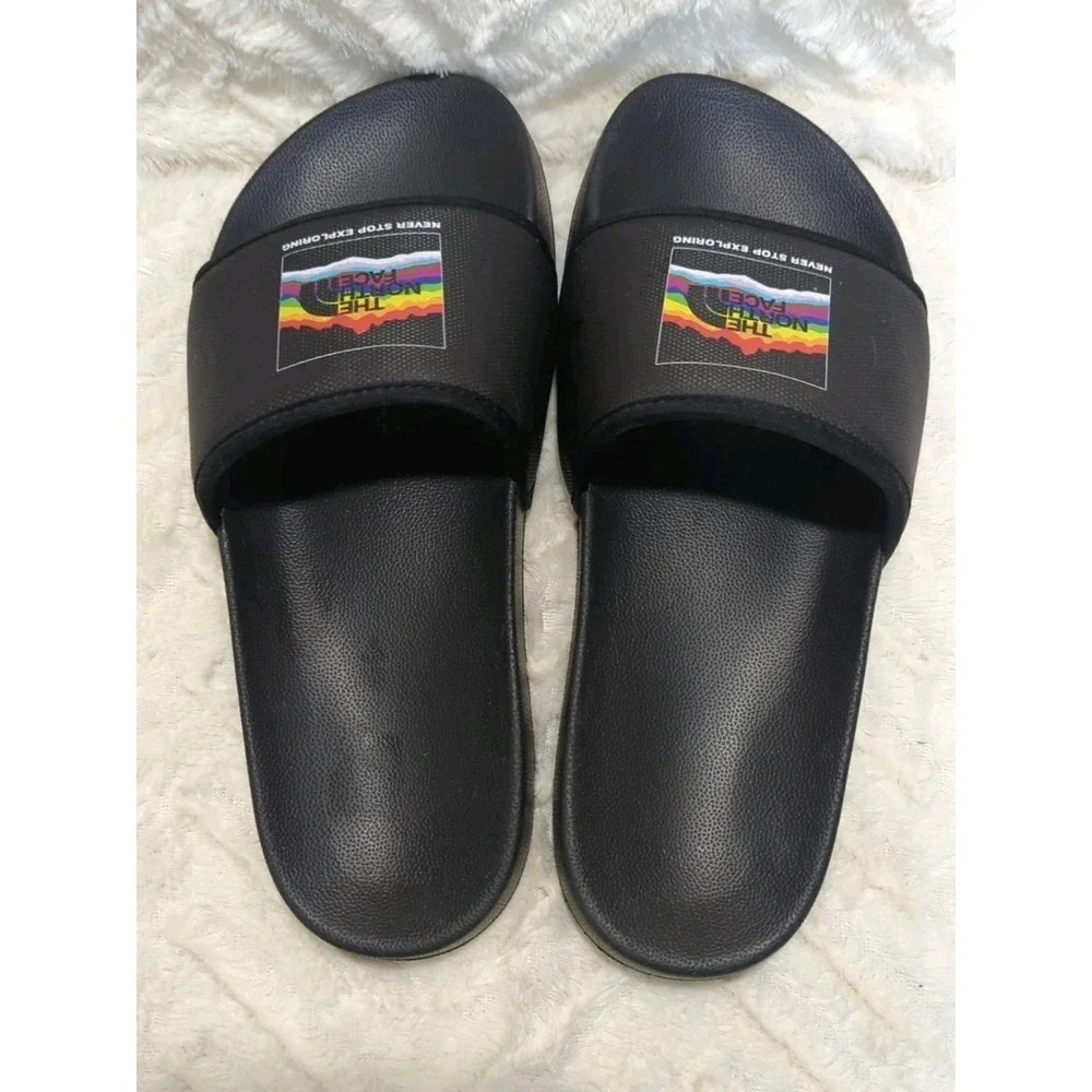 S2 The North Face Slides Sandal Mens 10 Black Pride Rainbow Colorful Slip On
